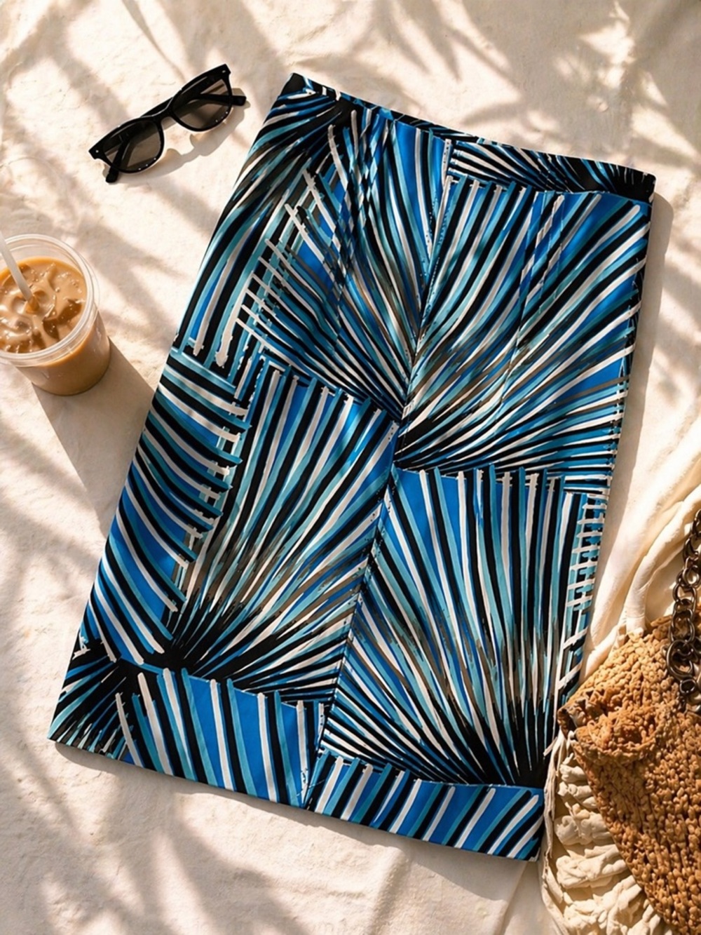 Blue Abstract Palm Print Pencil Skirt Y2K Retro Tropical Statement Size 8
